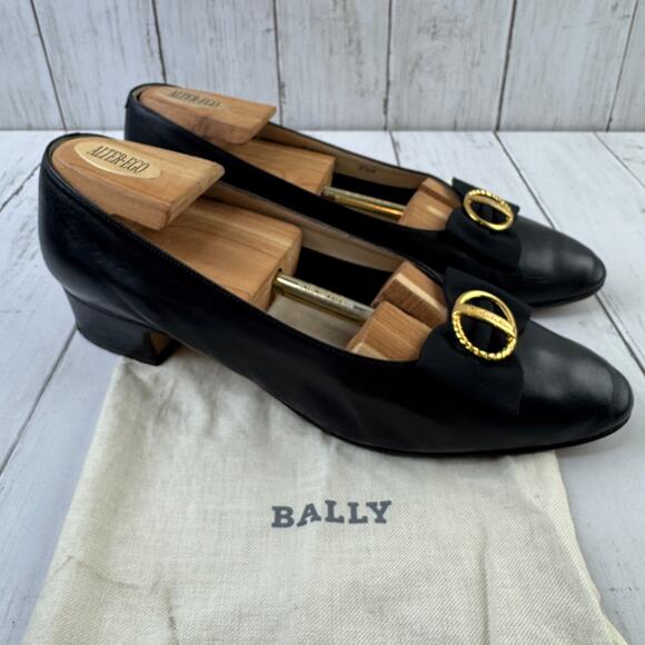 VTG Bally Black Leather Daisy Slip On Low Heel Shoe Gold Buckle Bow Size 8.5M - Picture 1 of 16